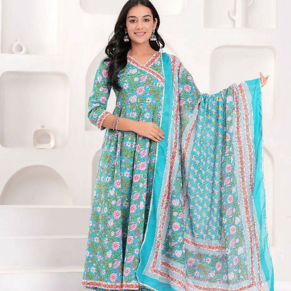 Jaimini Women Cotton Printed V-Neck 3/4 Sleeves Calf Length Angrakha Kurta Pant And Dupatta Set - Dista