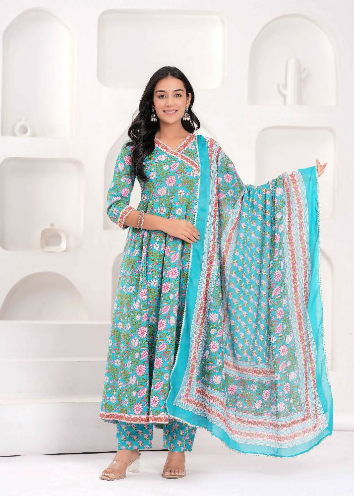 Jaimini Women Cotton Printed V-Neck 3/4 Sleeves Calf Length Angrakha Kurta Pant And Dupatta Set - Dista