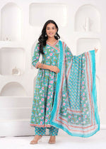 Thumbnail for Jaimini Women Cotton Printed V-Neck 3/4 Sleeves Calf Length Angrakha Kurta Pant And Dupatta Set - Dista