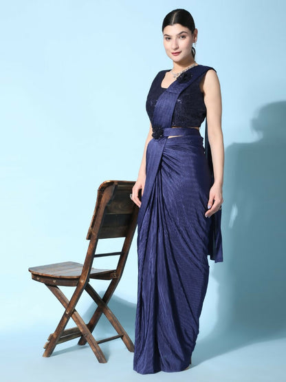 Blue Imported Crush Lycra Texture Pattern Ready to Wear Saree with stitched Blouse - Nirvana - Distacart