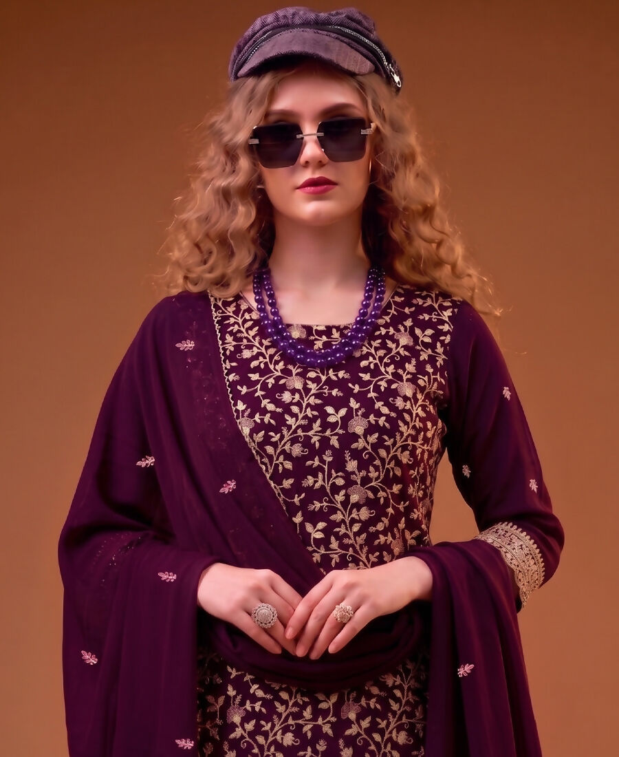 KC Purple Straight Suit For Women Georgette Fabric - Dista