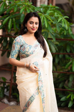 Thumbnail for Blue Pure Linen Ethnic Motifs Saree with Unstitched Blouse - Hiral Fashion - Distacart