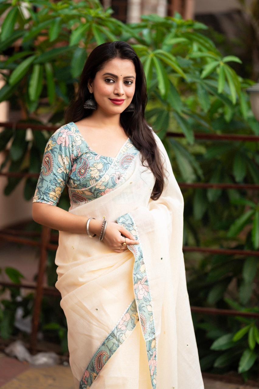 Blue Pure Linen Ethnic Motifs Saree with Unstitched Blouse - A2M - Distacart