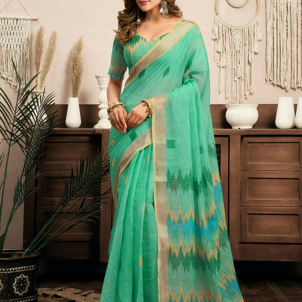 Joban Fashion Teal Green Ikkat Linen Ready To Wear Saree With Unstitched Blouse - Distacart