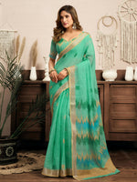 Thumbnail for Joban Fashion Teal Green Ikkat Linen Ready To Wear Saree With Unstitched Blouse - Distacart