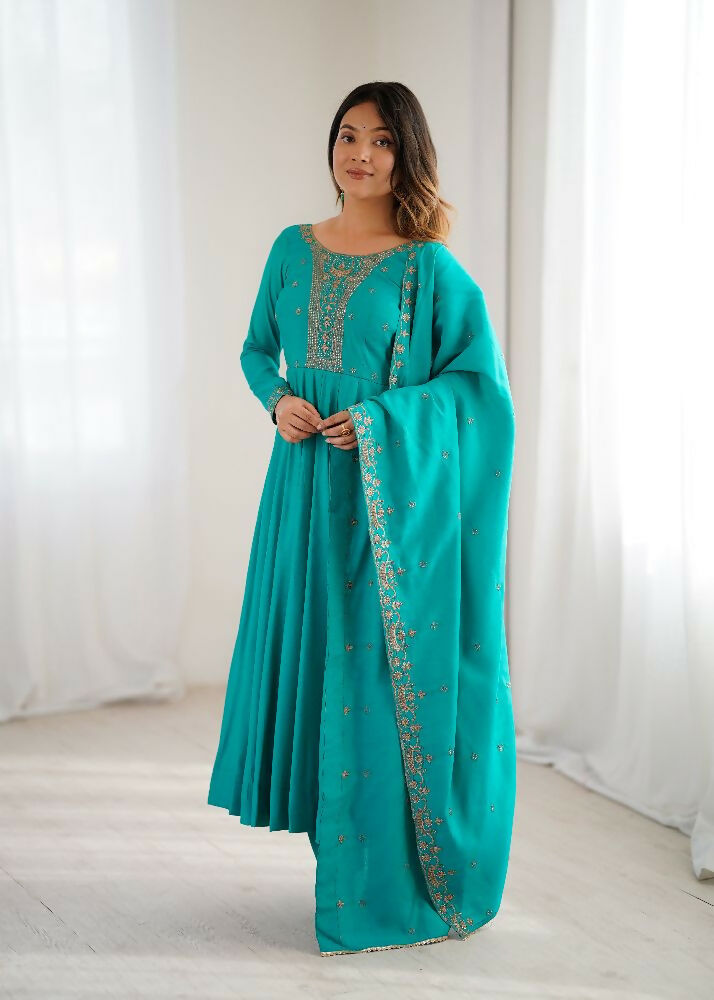 The52 Women's Beautiful Embroidery Work Shimmer Chanderi Silk Fabric Flared Anarkali Pant and Dupatta Set - Distacart
