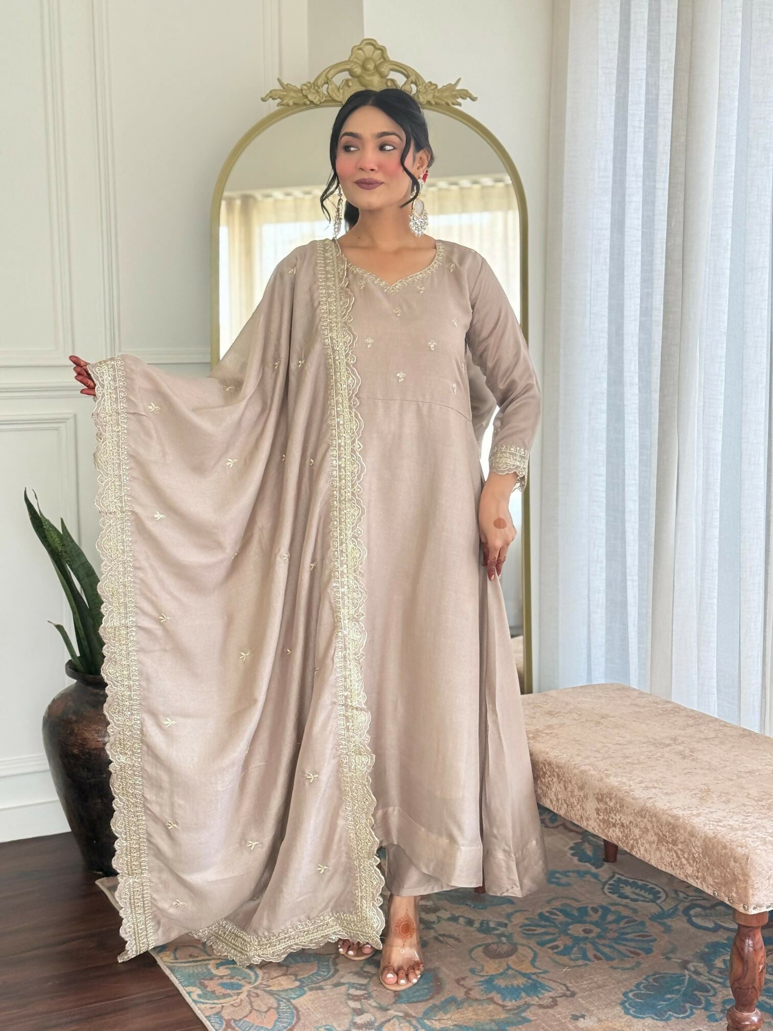 The52 CreamWomen's Gorgeous Vichitra Silk Fabric Embroidered Work Flared Anarkali Pant and Dupatta Set