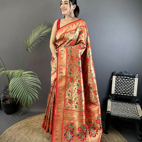 Joban Fashion Light Orange Floral  & Peacock Motifs Soft Silk Paithani Saree - Distacart