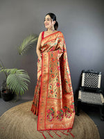 Thumbnail for Joban Fashion Light Orange Floral  & Peacock Motifs Soft Silk Paithani Saree - Distacart
