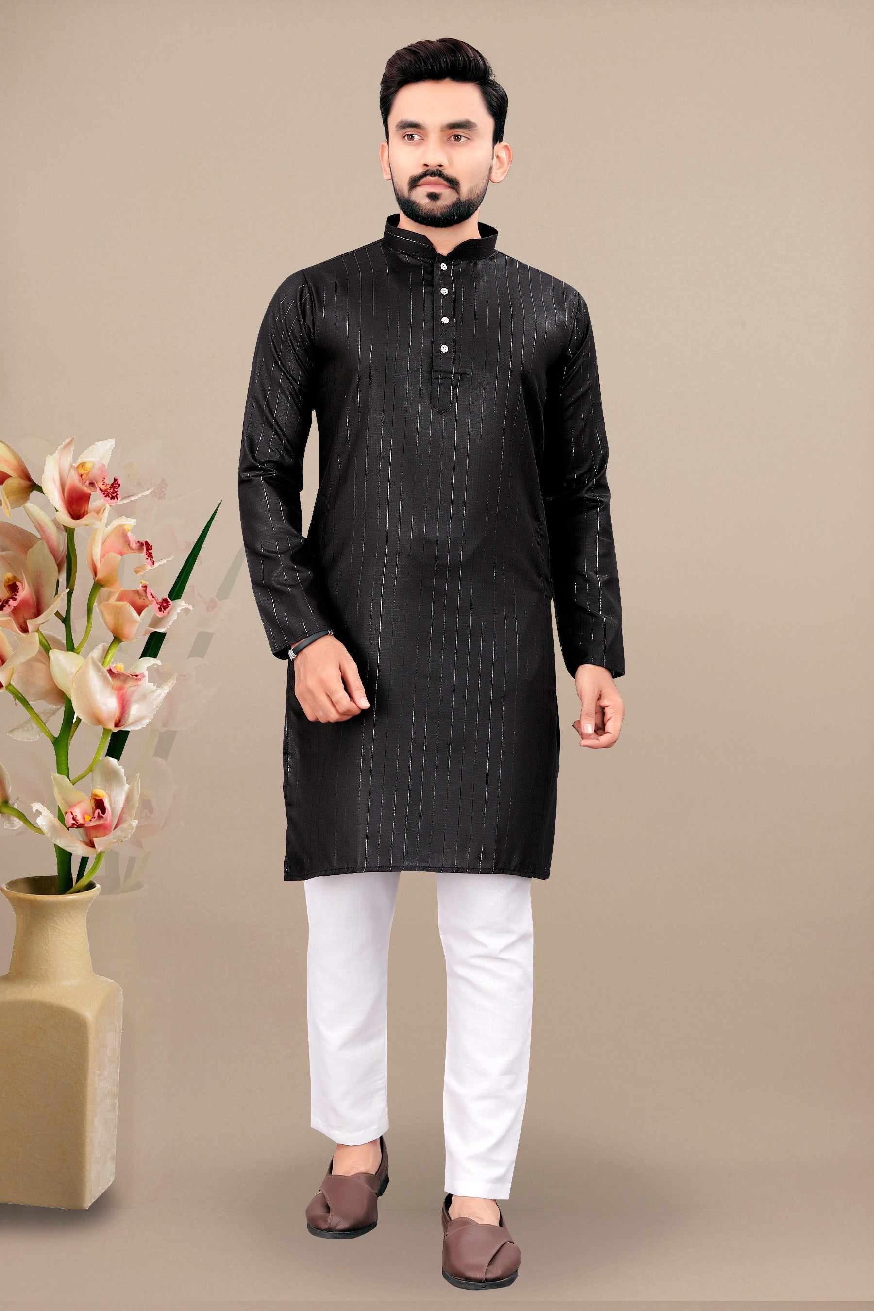 Neera Trendz Black Cotton Blend Lining Work Men's Kurta With Pyjama
