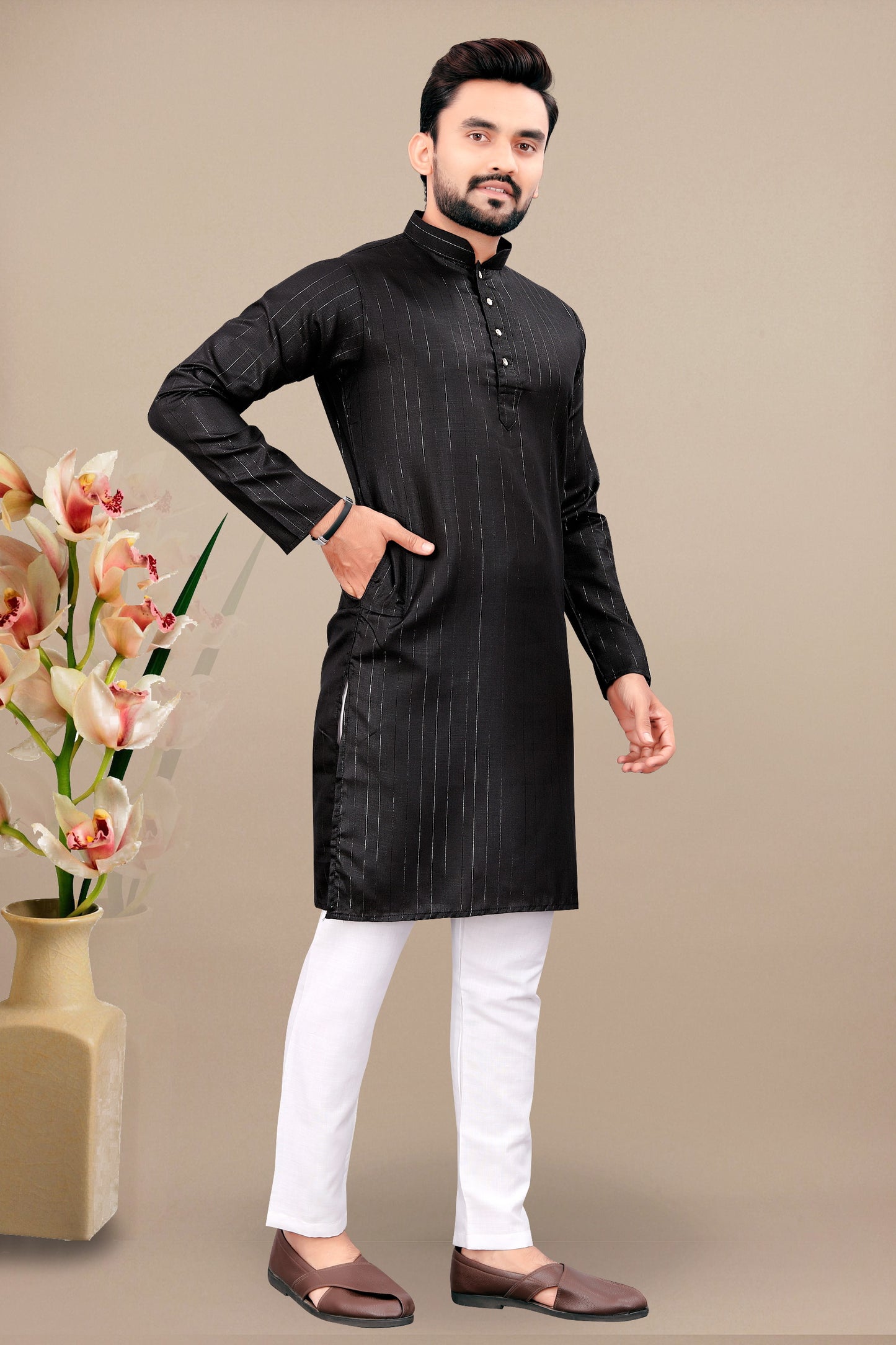 Neera Trendz Black Cotton Blend Lining Work Men's Kurta With Pyjama - Distacart