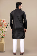 Thumbnail for Neera Trendz Black Cotton Blend Lining Work Men's Kurta With Pyjama