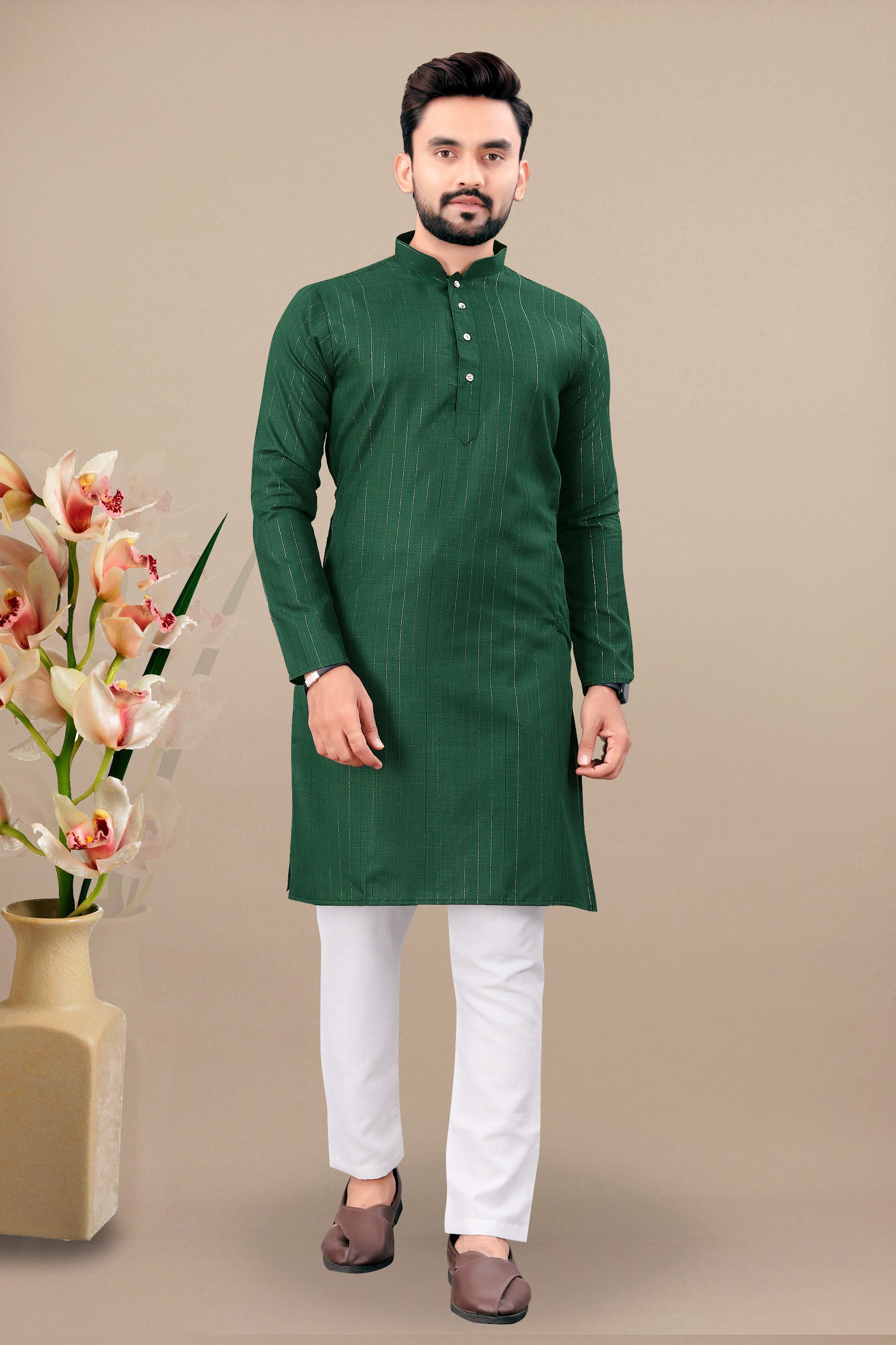 Neera Trendz Green Cotton Blend Lining Work Men's Kurta With Pyjama - Distacart