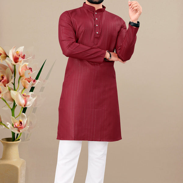 Neera Trendz Maroon Cotton Blend Lining Work Men's Kurta With Pyjama