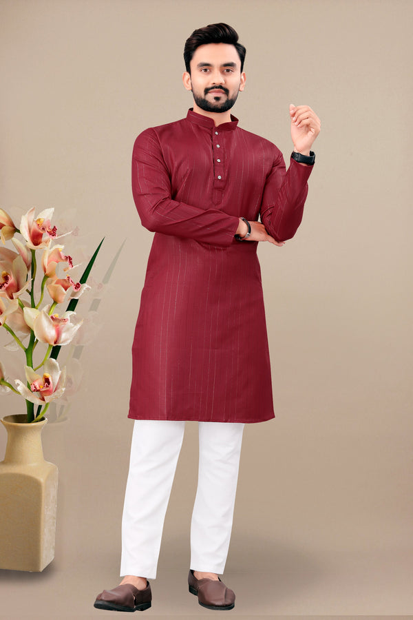 Neera Trendz Maroon Cotton Blend Lining Work Men's Kurta With Pyjama