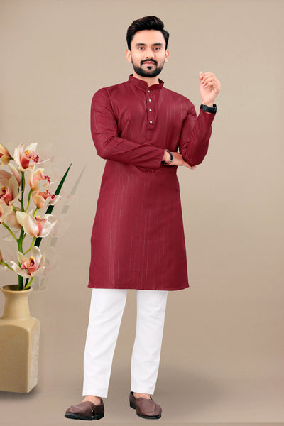 Neera Trendz Maroon Cotton Blend Lining Work Men's Kurta With Pyjama