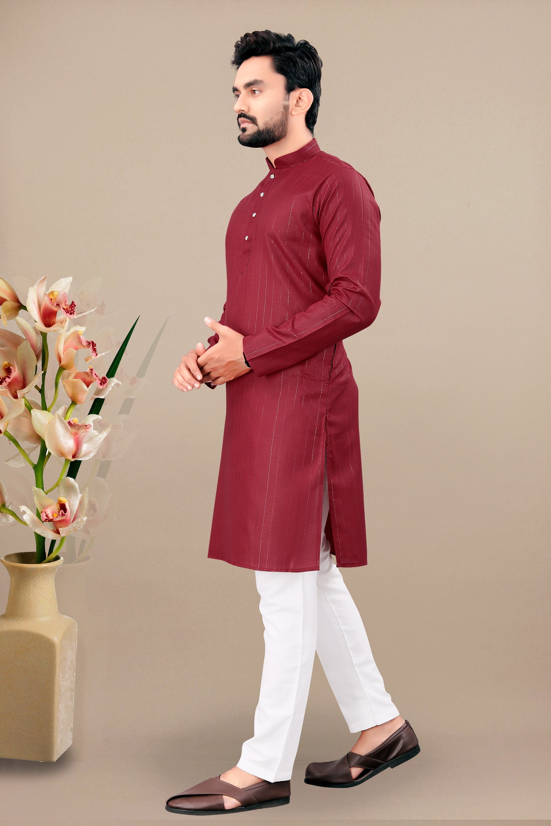 Neera Trendz Maroon Cotton Blend Lining Work Men's Kurta With Pyjama