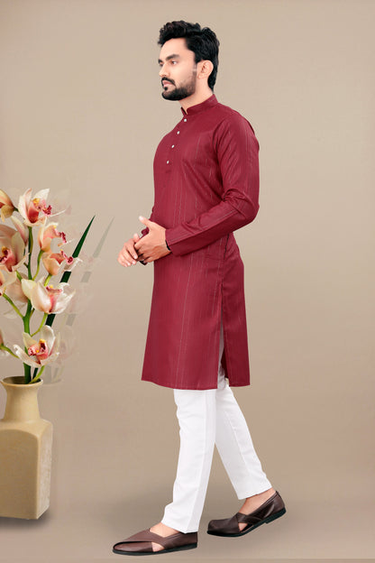 Neera Trendz Maroon Cotton Blend Lining Work Men's Kurta With Pyjama - Distacart
