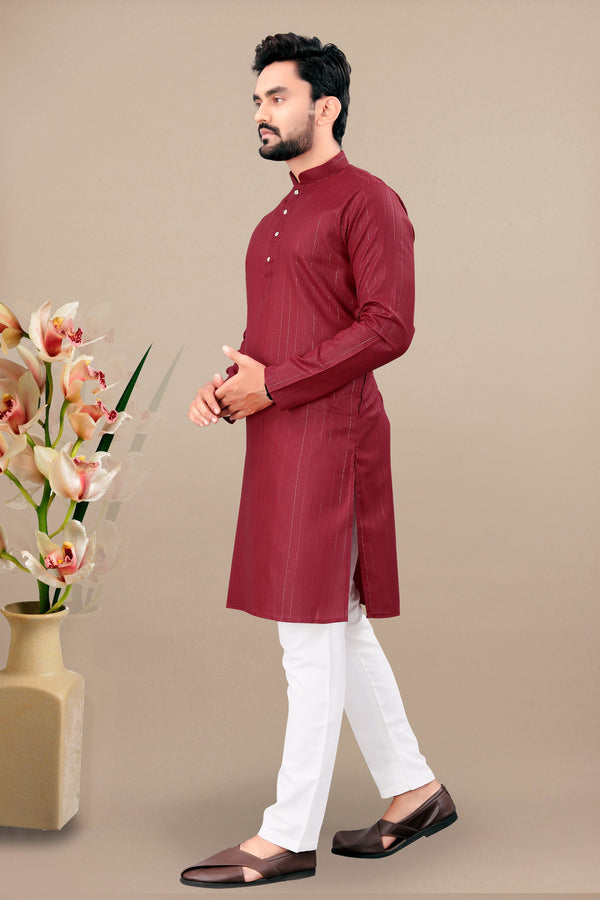 Neera Trendz Maroon Cotton Blend Lining Work Men's Kurta With Pyjama