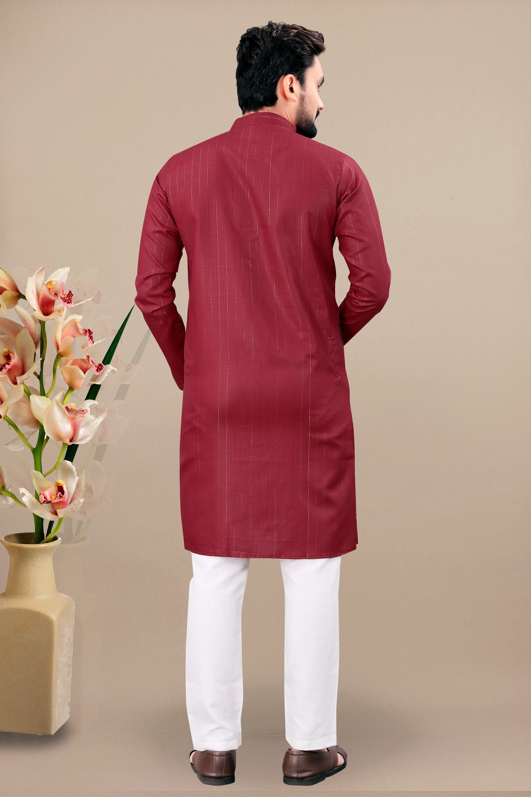 Neera Trendz Maroon Cotton Blend Lining Work Men's Kurta With Pyjama