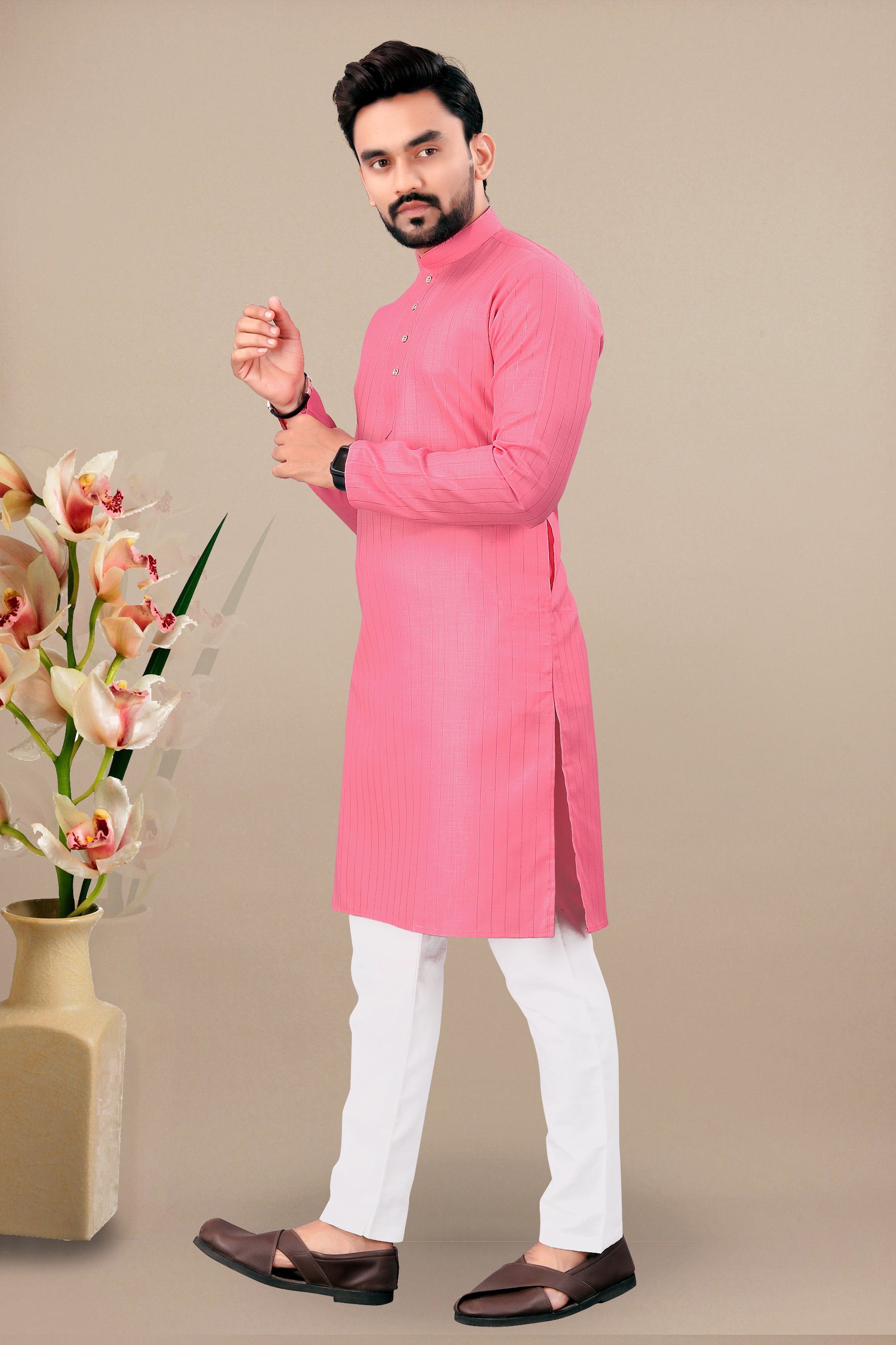Neera Trendz Pink Cotton Blend Lining Work Men's Kurta With Pyjama