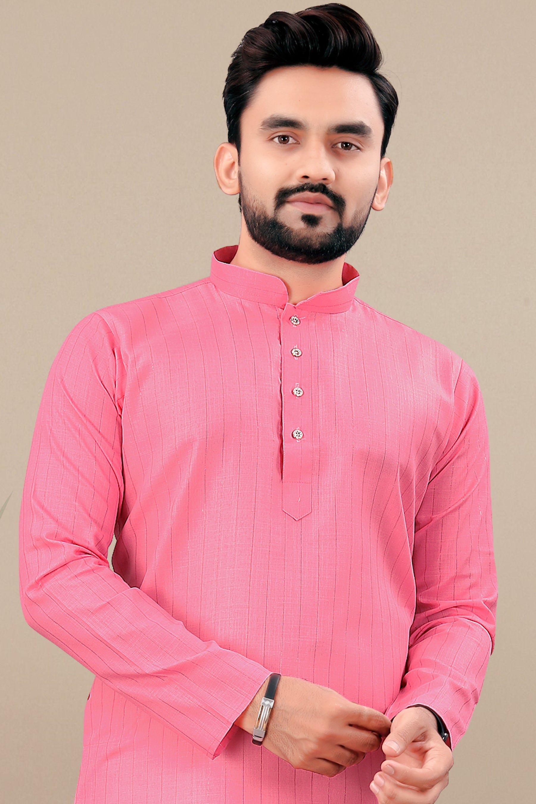 Neera Trendz Pink Cotton Blend Lining Work Men's Kurta With Pyjama