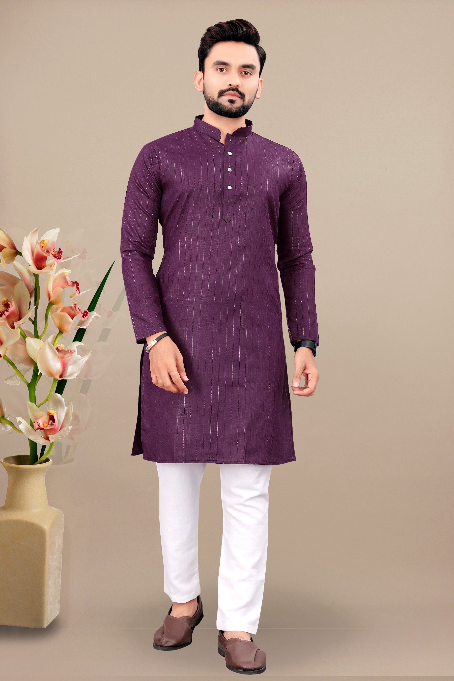 Neera Trendz Wine Cotton Blend Lining Work Men's Kurta With Pyjama - Distacart