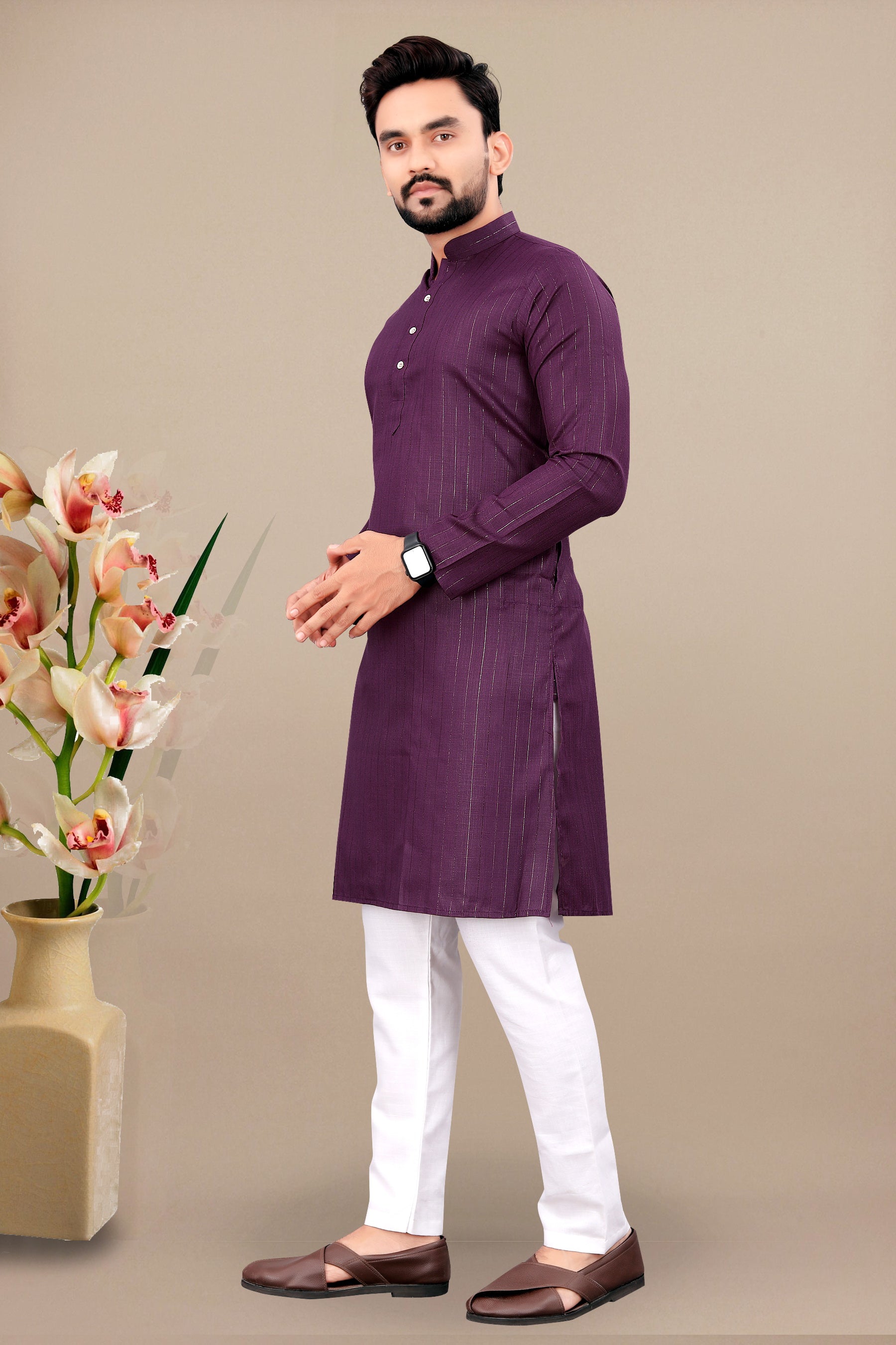 Neera Trendz Wine Cotton Blend Lining Work Men's Kurta With Pyjama