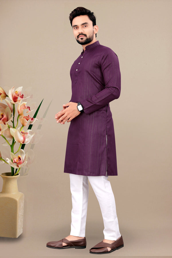 Neera Trendz Wine Cotton Blend Lining Work Men's Kurta With Pyjama