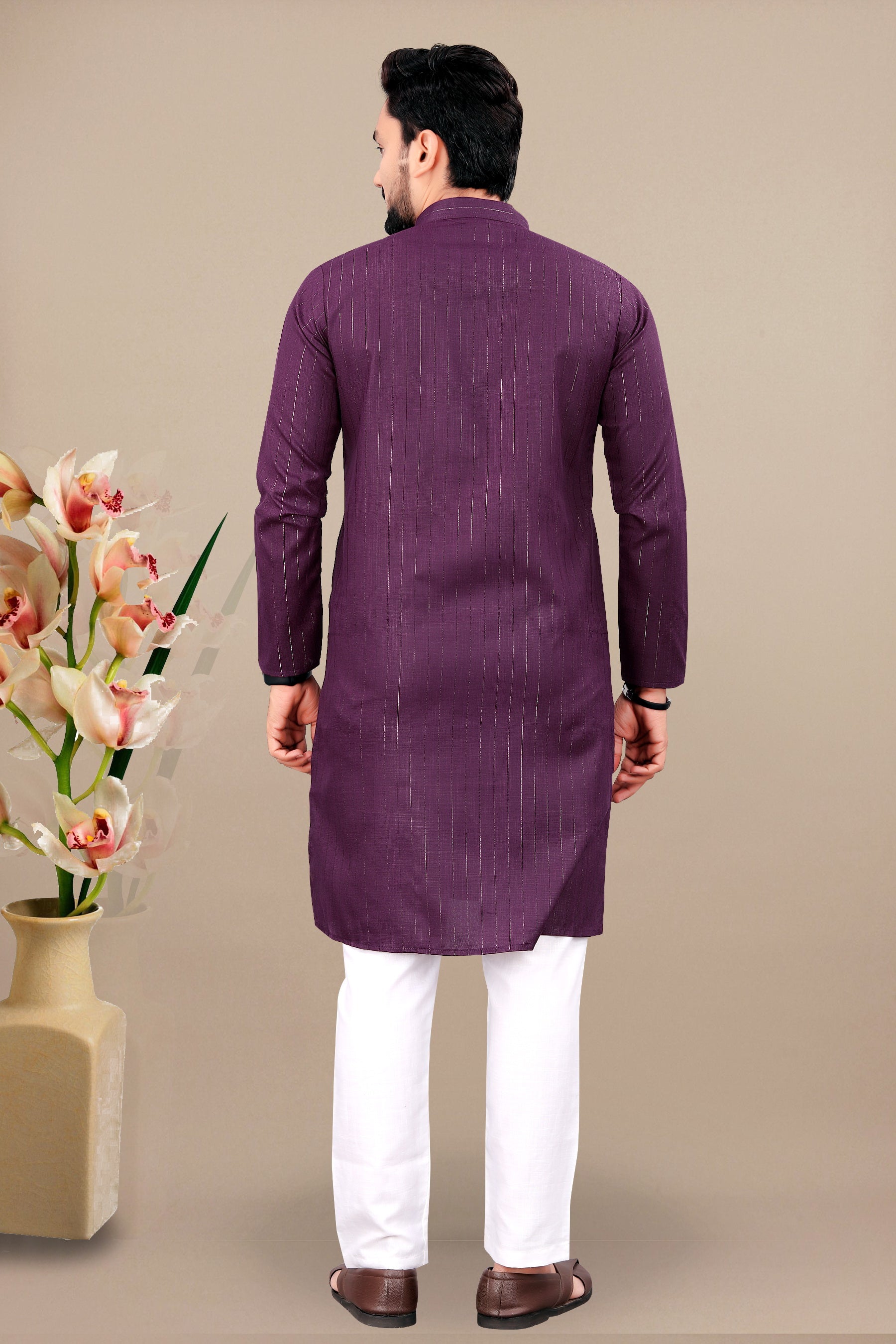 Neera Trendz Wine Cotton Blend Lining Work Men's Kurta With Pyjama