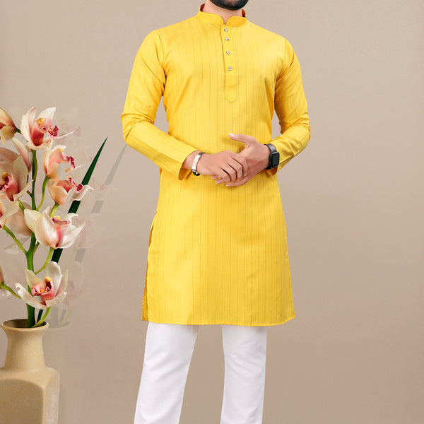 Neera Trendz Yellow Cotton Blend Lining Work Men's Kurta With Pyjama