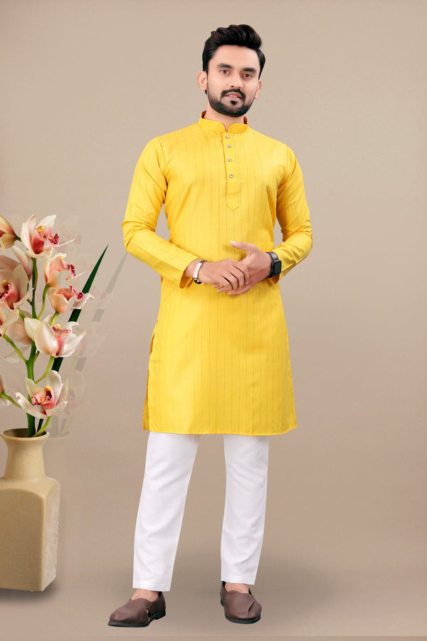 Neera Trendz Yellow Cotton Blend Lining Work Men's Kurta With Pyjama