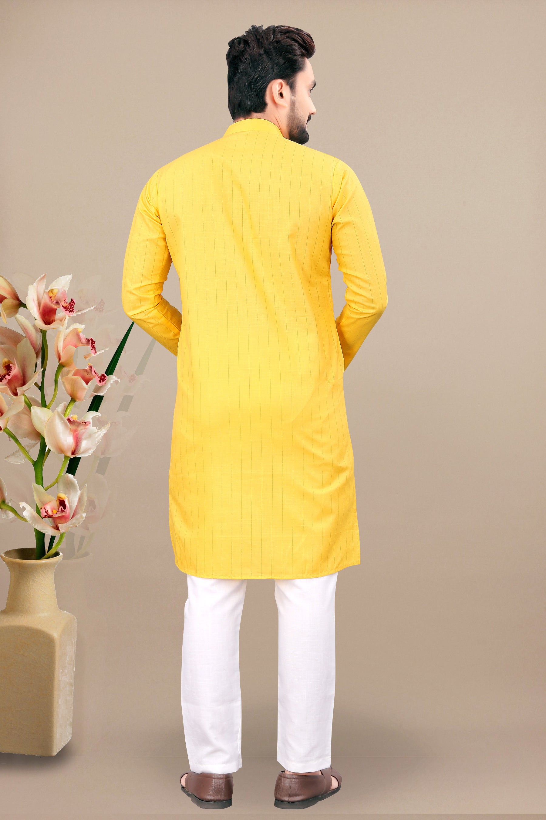 Neera Trendz Yellow Cotton Blend Lining Work Men's Kurta With Pyjama