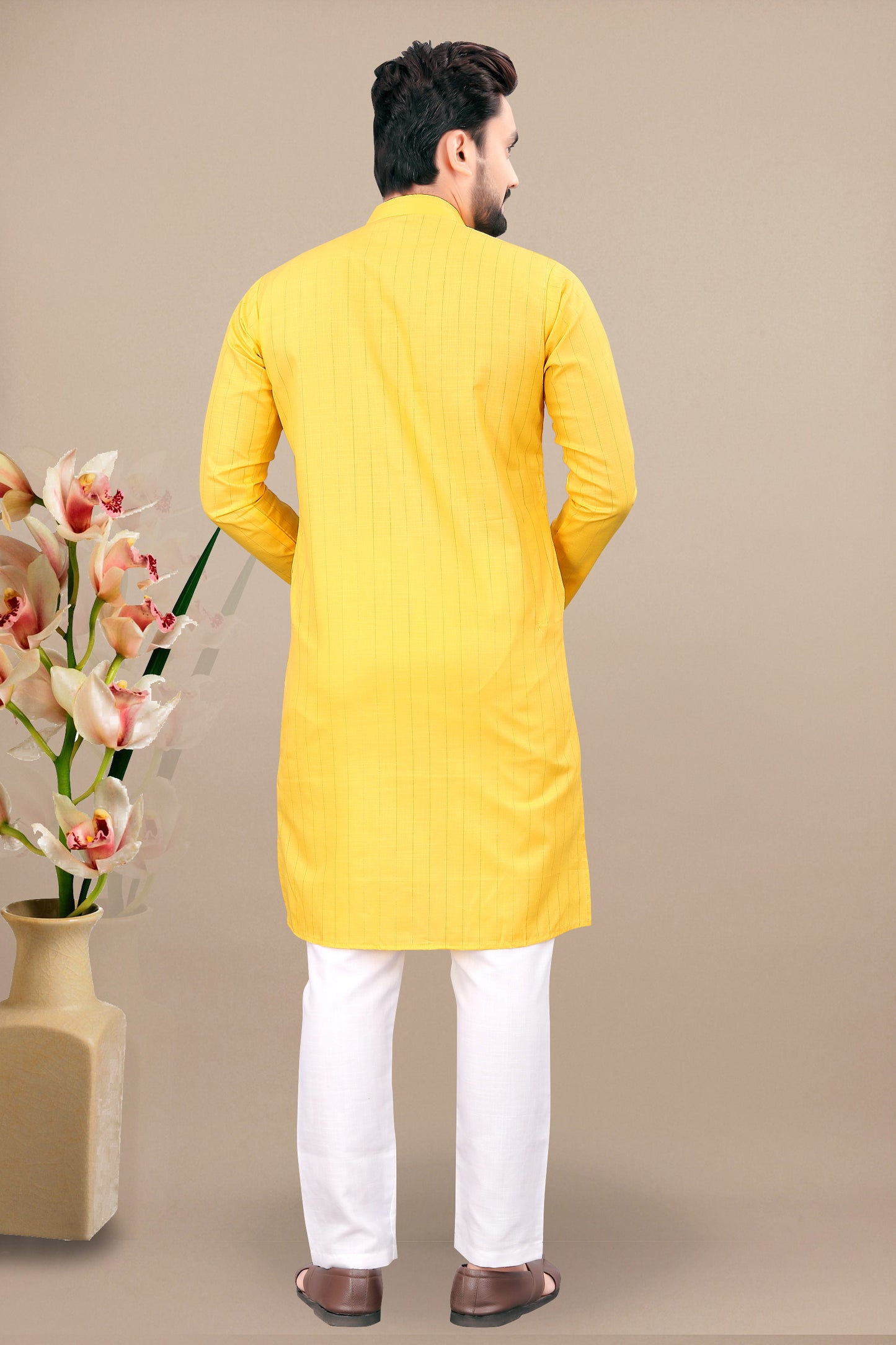 Neera Trendz Yellow Cotton Blend Lining Work Men's Kurta With Pyjama - Distacart