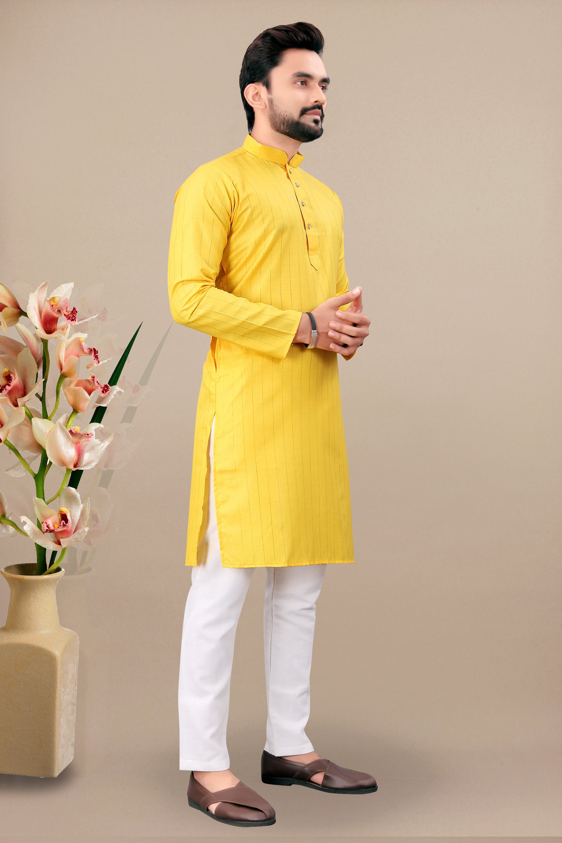 Neera Trendz Yellow Cotton Blend Lining Work Men's Kurta With Pyjama