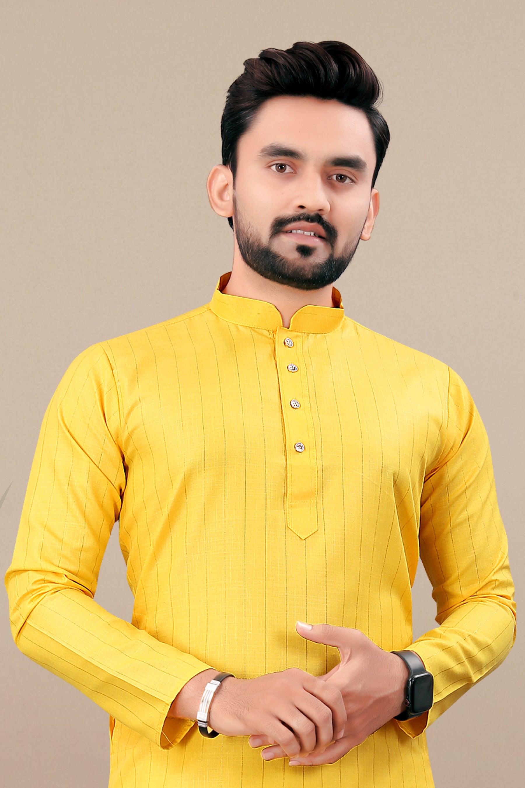 Neera Trendz Yellow Cotton Blend Lining Work Men's Kurta With Pyjama