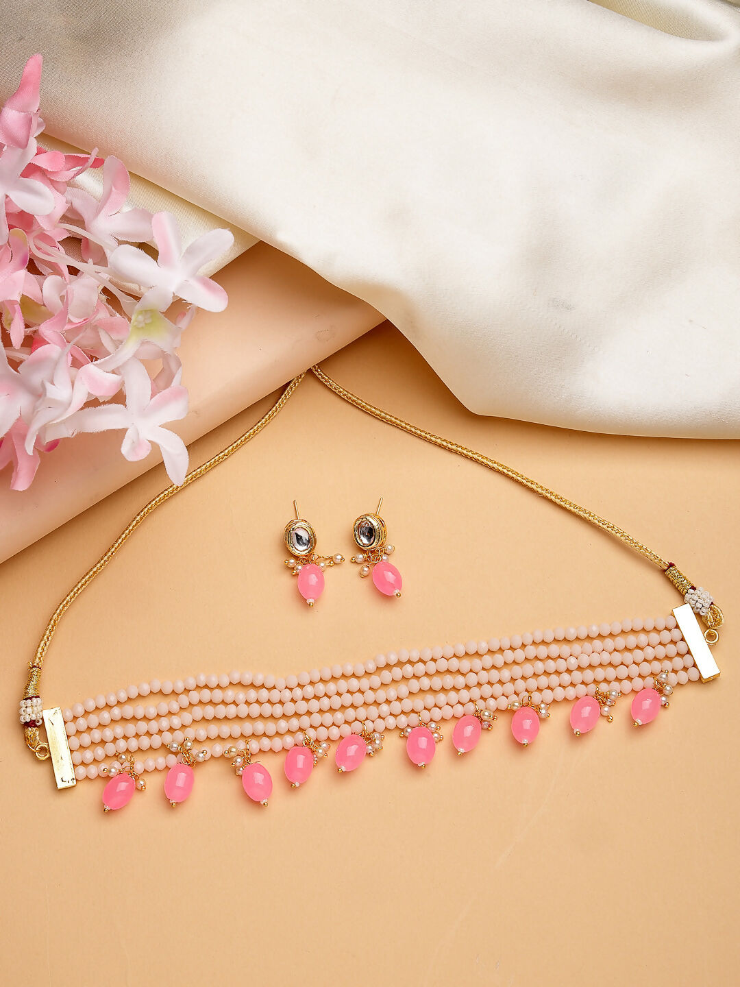 NVR Women's Pink Artificial Beads Layered Necklace with Drop Earring - Distacart