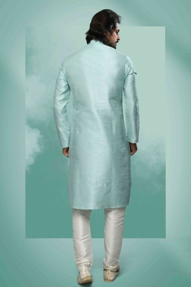 Raivat Ethnic Art Silk Mirror Embroidery Work Kurta Pajama In Pista Green Colour - Dista