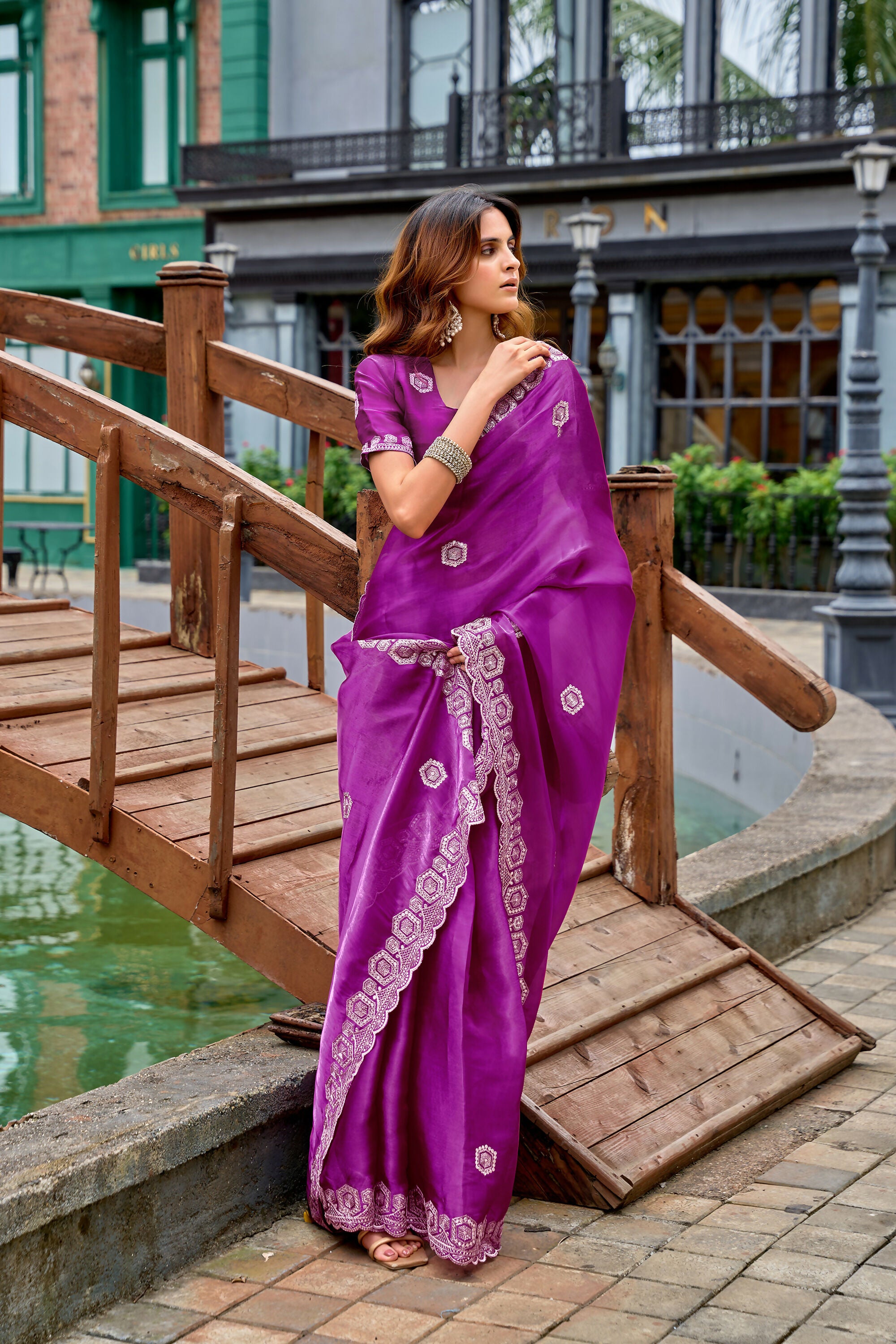 Vastranavya Purple Embroidery Work Shimmer Chiffon Saree with Unstitched Blouse