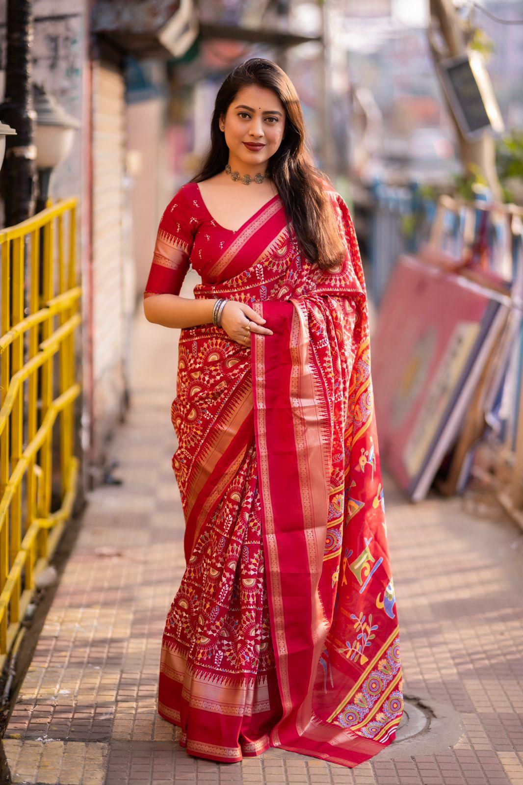 Red Cotton Blend Ethnic Motifs Saree with Unstitched Blouse - Hiral Fashion - Distacart