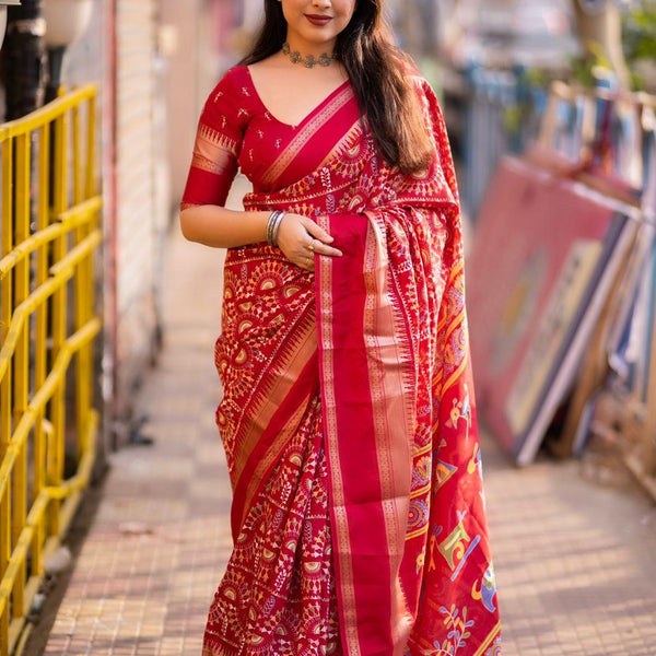 Red Cotton Blend Ethnic Motifs Saree with Unstitched Blouse - A2M - Distacart
