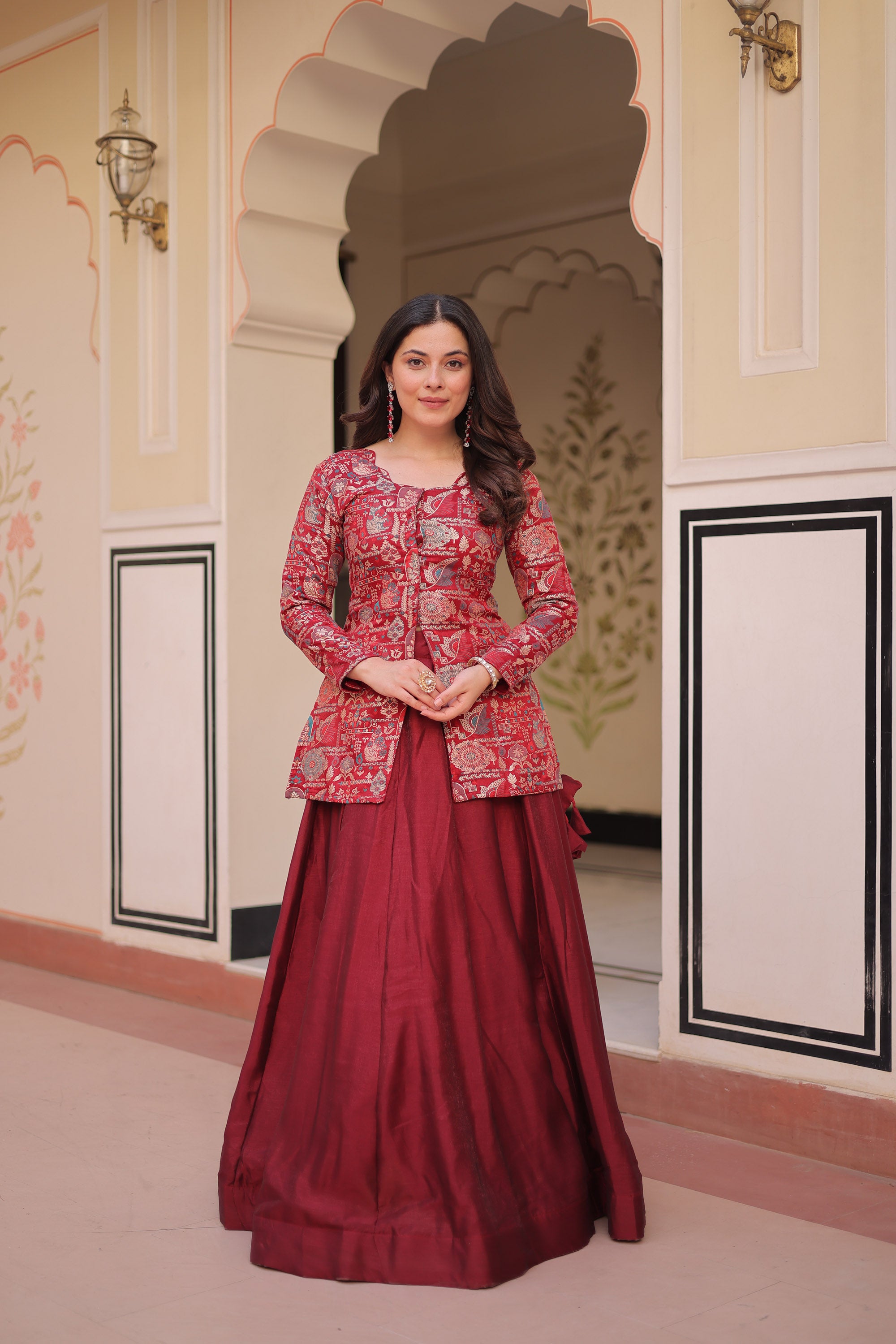 Lorenvalley Fashion Maroon Pure Simmer Vichitra Kali Pattern with Canvas Patta Lehenga Choli