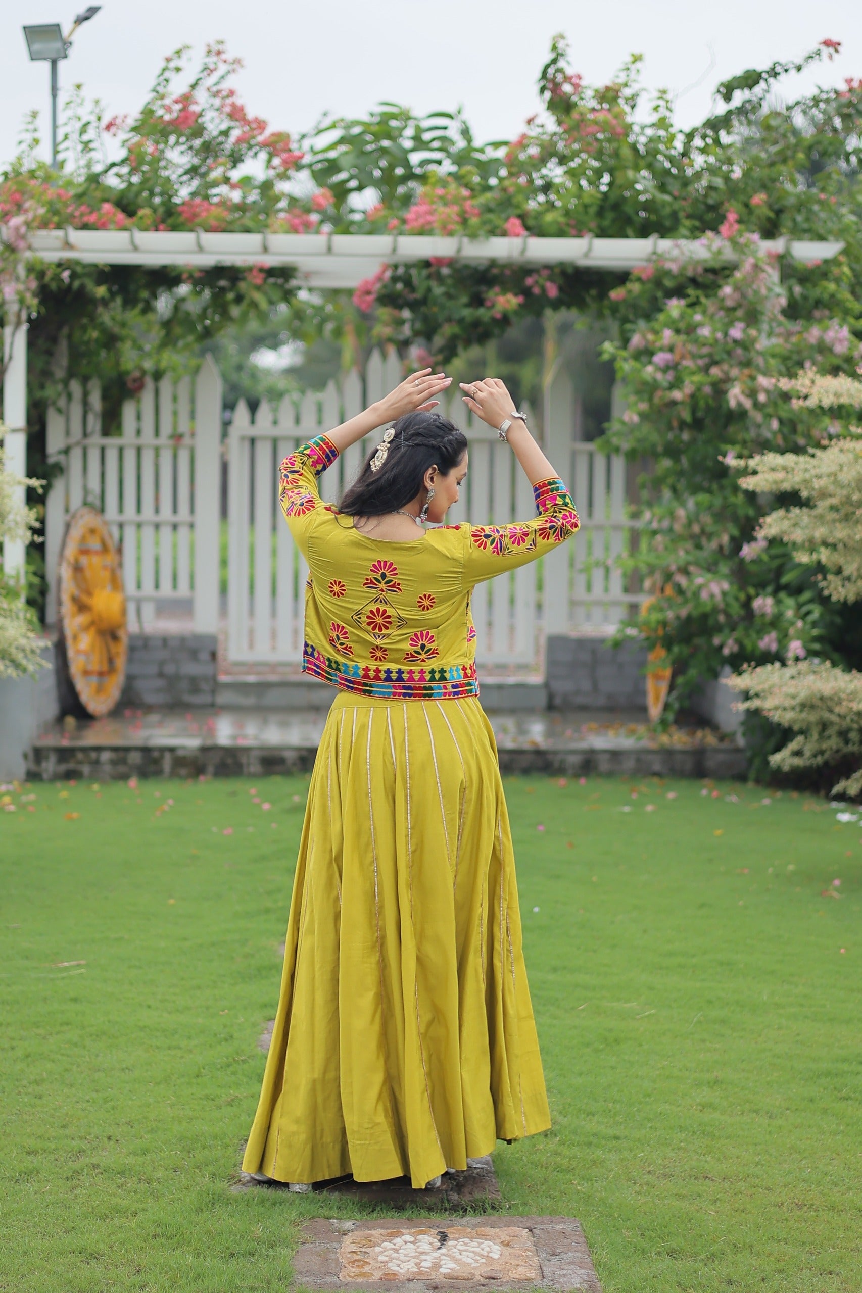 Prazu Fashion Parrot Roman Silk Kutchi Gamthi Embroidered Work Lehenga For Navaratri