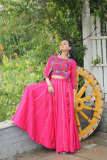 Thumbnail for Prazu Fashion Pink Roman Silk Kutchi Gamthi Embroidered Work Lehenga For Navaratri