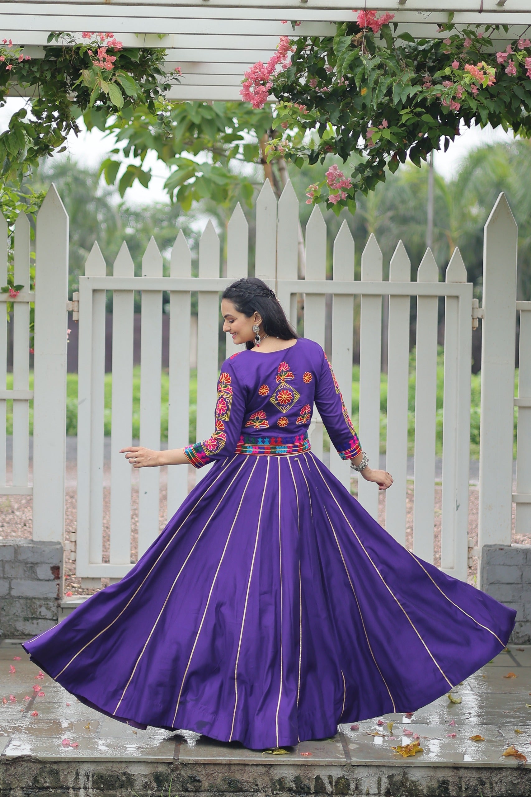Prazu Fashion Purple Roman Silk Kutchi Gamthi Embroidered Work Lehenga For Navaratri