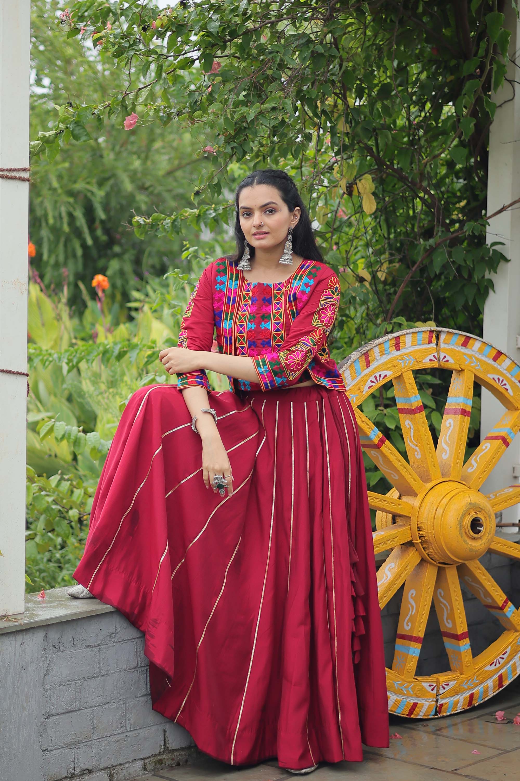 Lorenvalley Fashion Maroon Roman Silk with Attractive Gota-Patti Lace Lehenga Choli