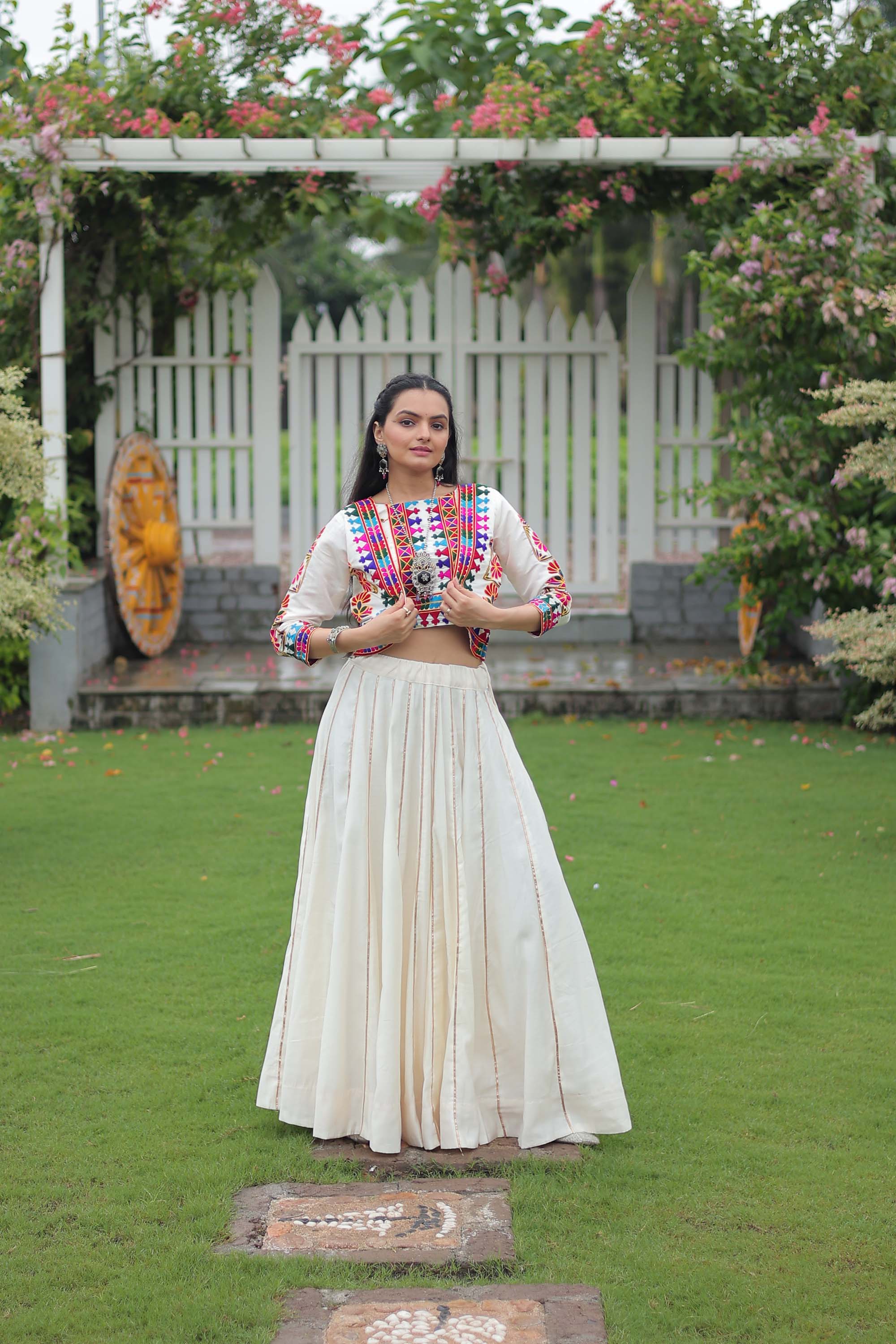 Lorenvalley Fashion White Roman Silk with Attractive Gota-Patti Lace Lehenga Choli
