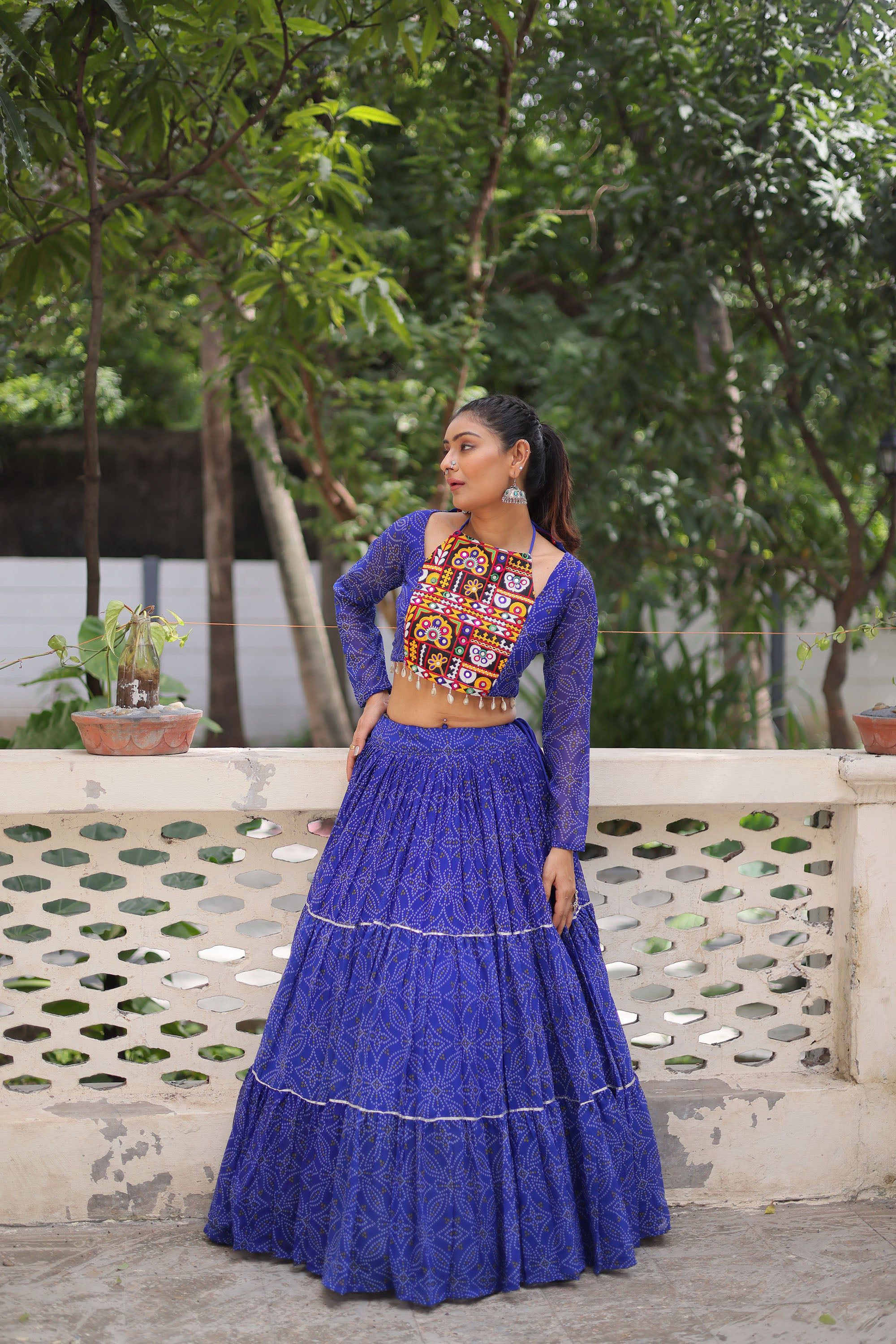 Lorenvalley Fashion Blue Faux Georgette Bandhej Print with Gotta Patti Lace Work Lehenga Choli