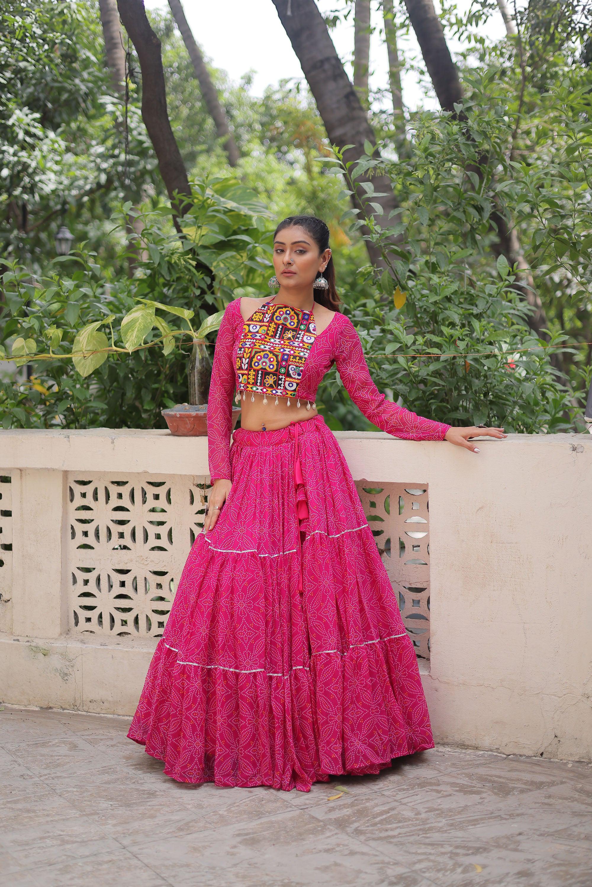 Lorenvalley Fashion Pink Faux Georgette Bandhej Print with Gotta Patti Lace Work Lehenga Choli