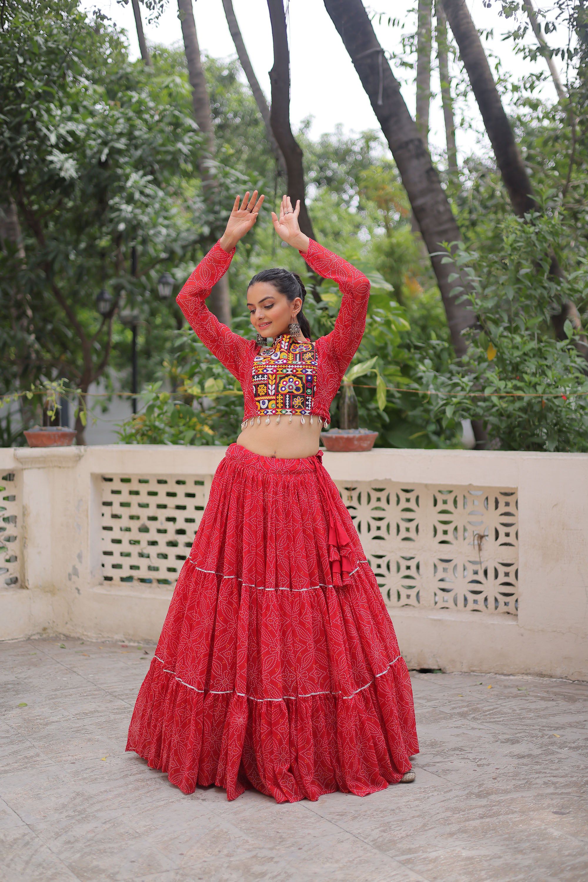 Lorenvalley Fashion Red Faux Georgette Bandhej Print with Gotta Patti Lace Work Lehenga Choli